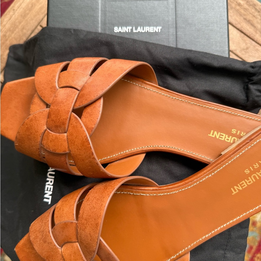 Saint Laurent Cognac Leather Knotted Slide Mules - Picture 3 of 4